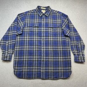 LL Bean Chamois Cloth Shirt Mens LT Blue Plaid Flannel Long Sleeve Outdoor Work
